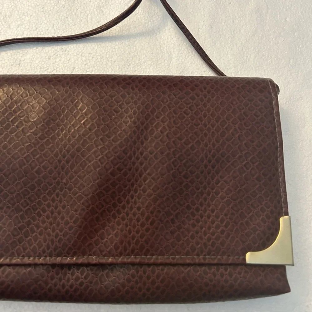 Vintage brown faux snake print rectangle shoulder bag gold hardware trim